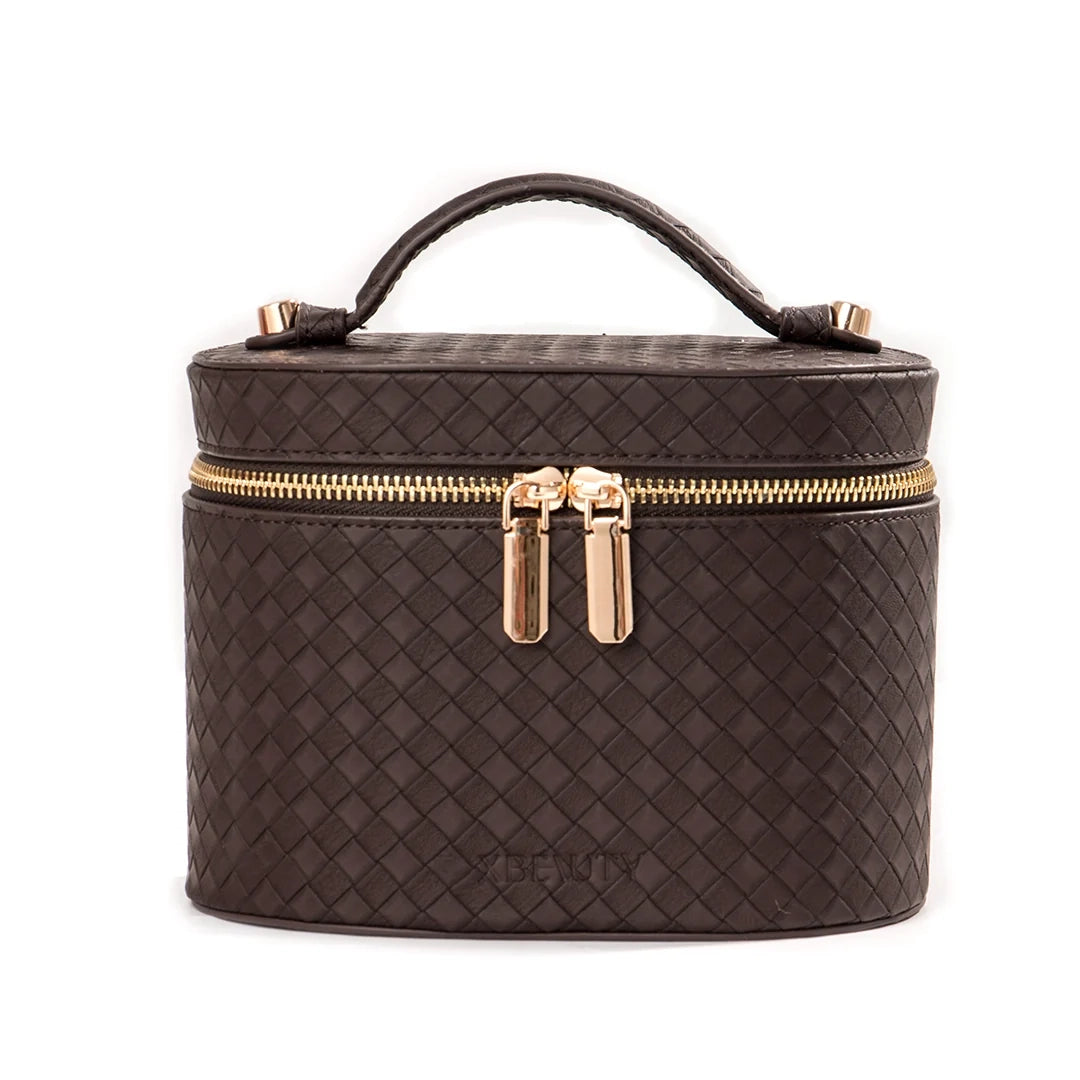 X Beauty Vintage Diamond Quilted Handheld Round Beauty Organizer Dark Brown