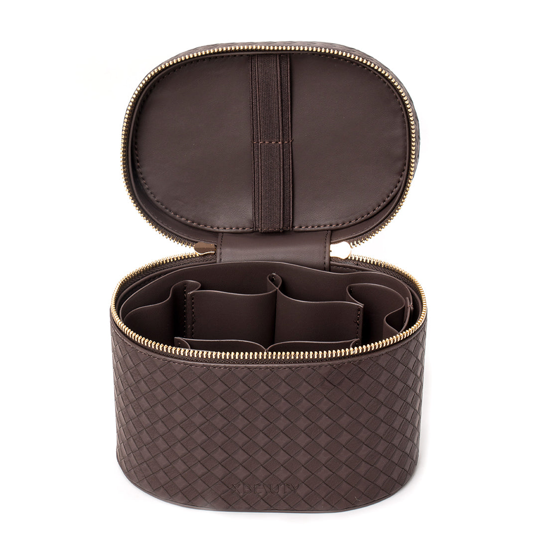 X Beauty Vintage Diamond Quilted Handheld Round Beauty Organizer Dark Brown