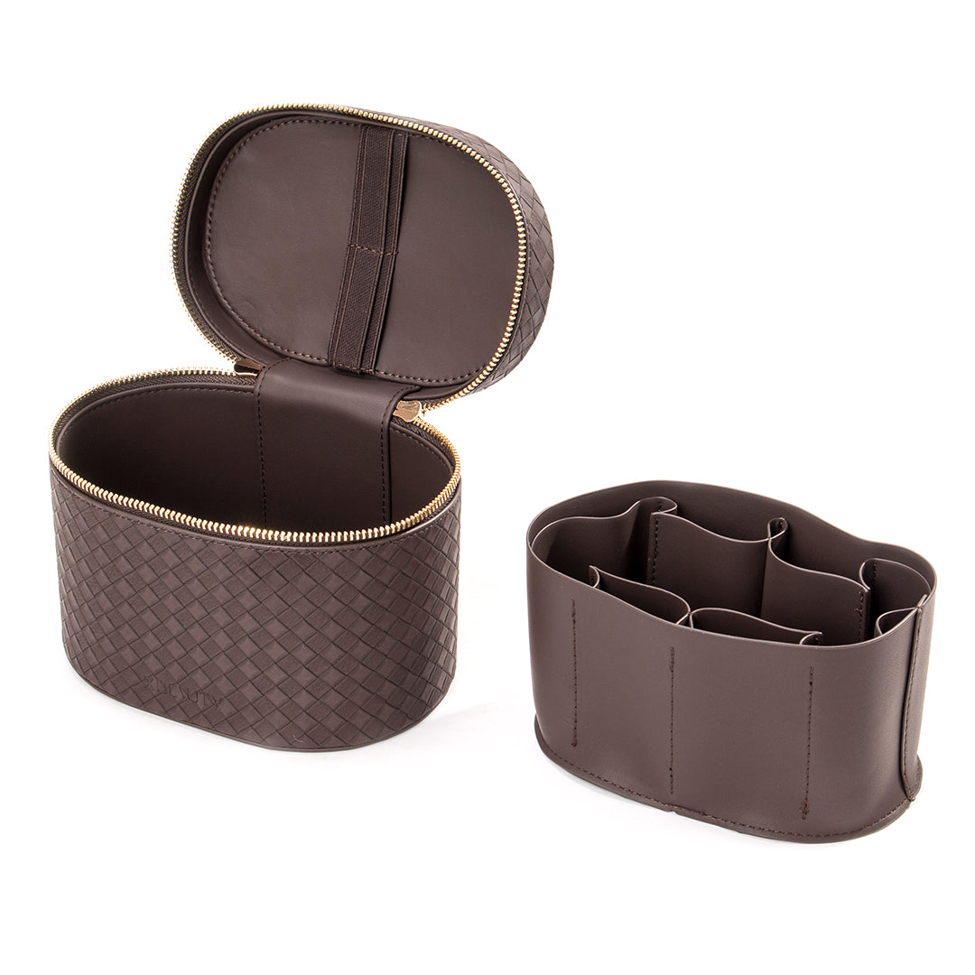 X Beauty Vintage Diamond Quilted Handheld Round Beauty Organizer Dark Brown