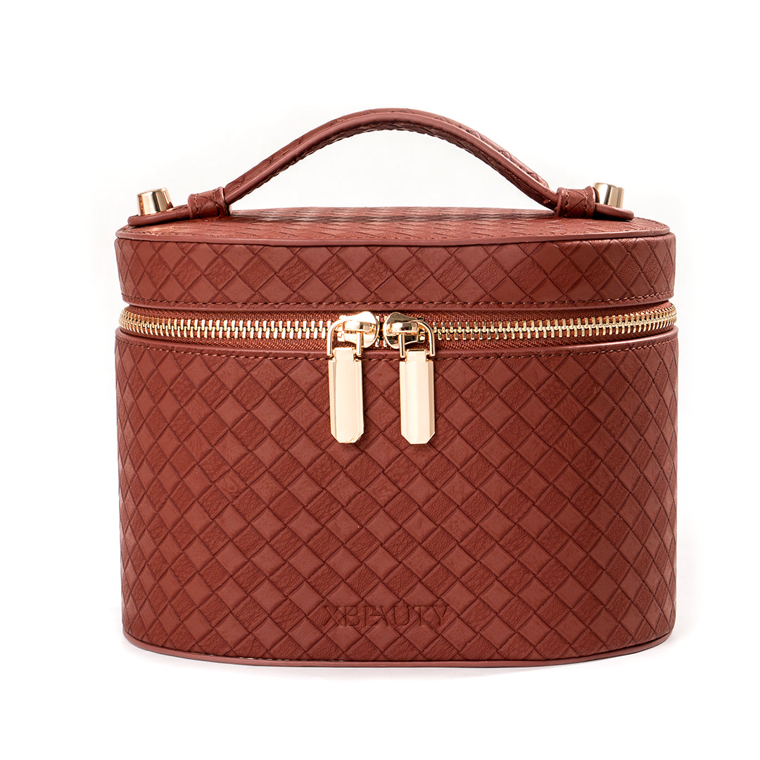 X Beauty Vintage Diamond Quilted Handheld Round Beauty Organizer Reddish Brown