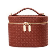 X Beauty Vintage Diamond Quilted Handheld Round Beauty Organizer Reddish Brown