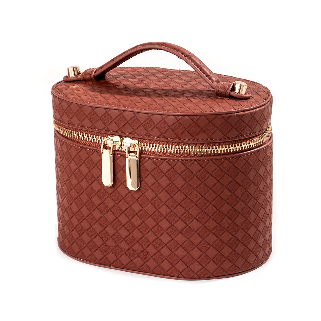 X Beauty Vintage Diamond Quilted Handheld Round Beauty Organizer Reddish Brown