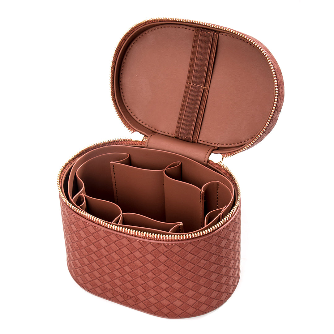 X Beauty Vintage Diamond Quilted Handheld Round Beauty Organizer Reddish Brown