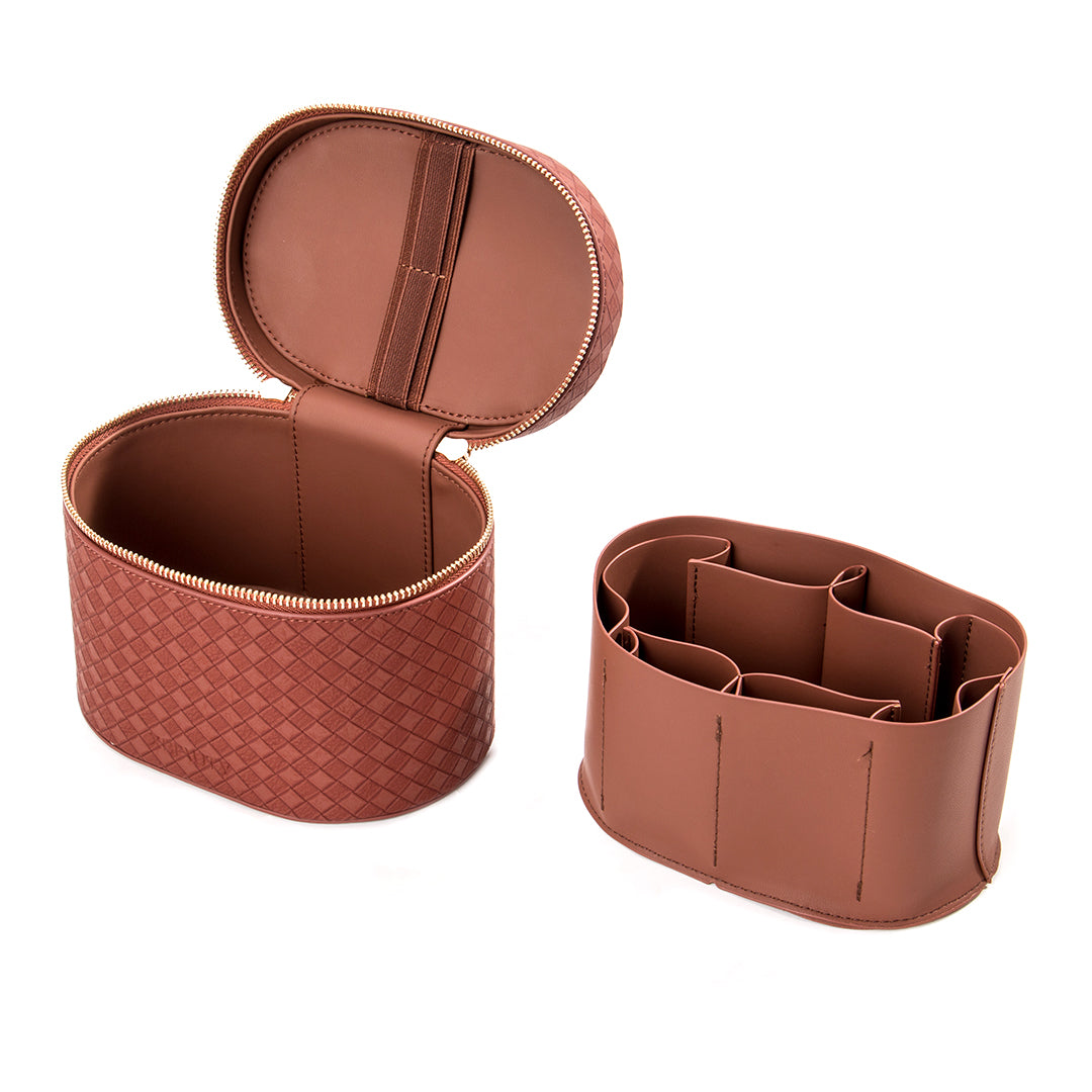 X Beauty Vintage Diamond Quilted Handheld Round Beauty Organizer Reddish Brown