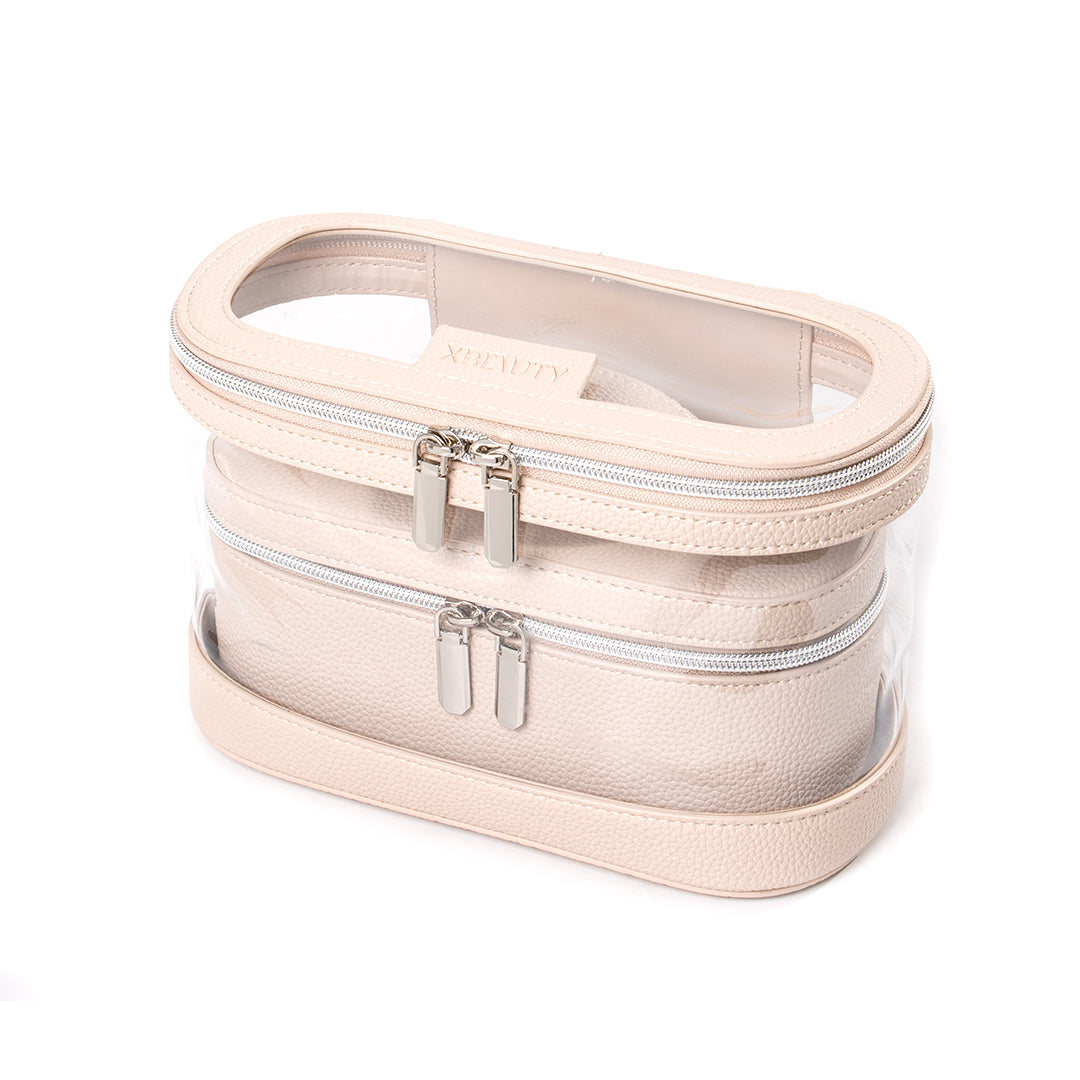 X Beauty Two In One Pvc Clear Makeup And Toiletry Cosmetic Travel Bag Light Brown